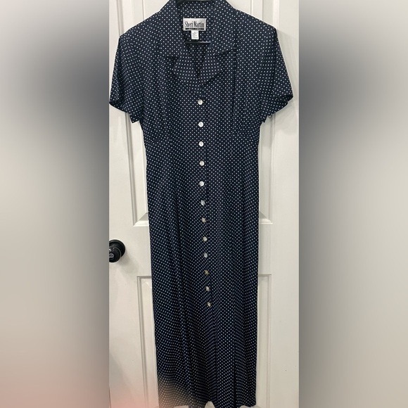 Sheri Martin New York Navy and White Vintage Polka Dot Button-Up Dress 12 - Picture 1 of 3
